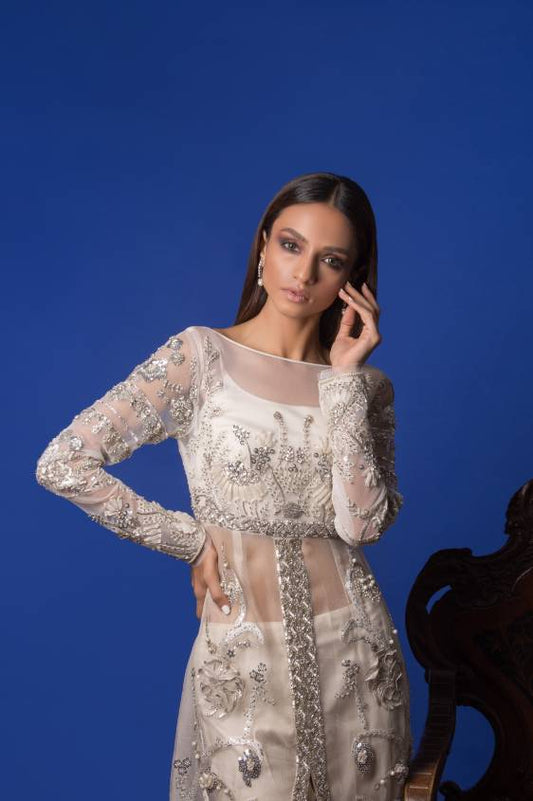 Leila white embellished designer dress by Sana Salman Pakistan