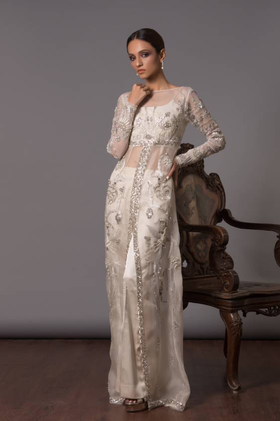 Leila white embellished designer dress by Sana Salman Pakistan