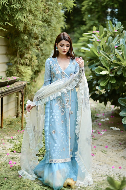 Cane blue angrakha w/ printed duputta